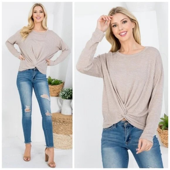 NWT Boutique Mocha long sleeve twist front shimmer tops - Picture 1 of 5